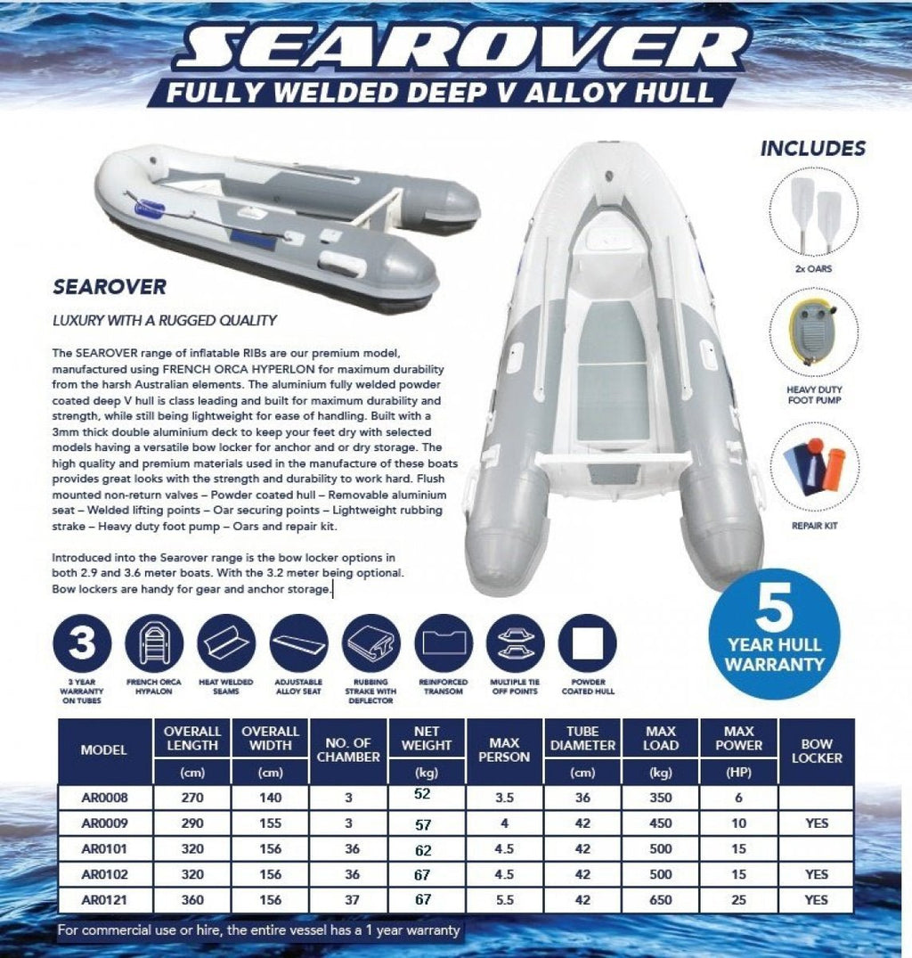 Aristocraft Searover 3.2M Premium French Orca Hypalon Inflatable Boat Dinghy Tender RIB Aluminium Flat Floor with Bow Locker