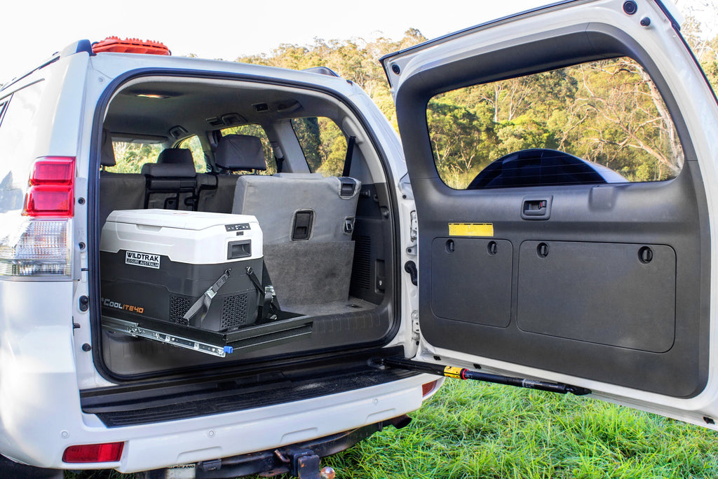 Car Fridge/Freezer Slide, Powder Coated, High Strength Bearing Drawer extends 100% from Base, 2 Straps included, Max Weight 1