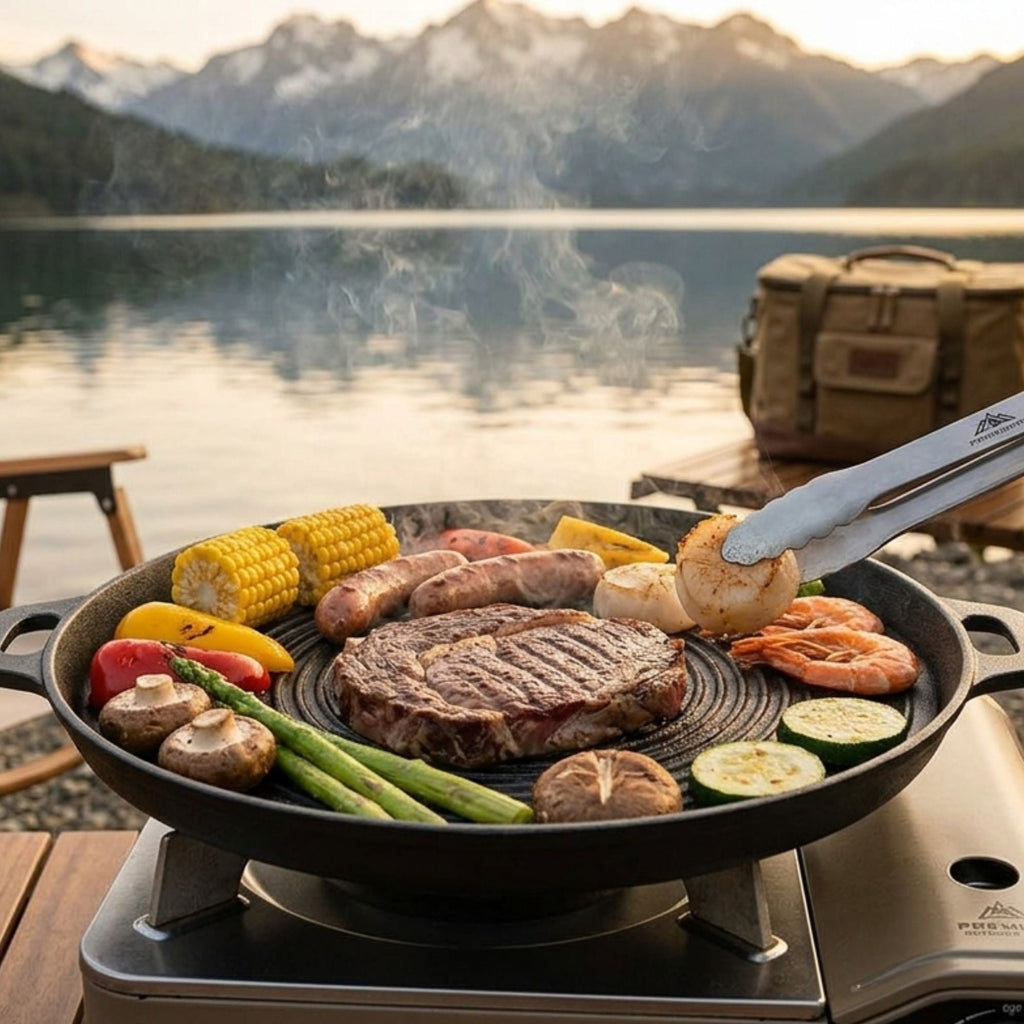 Wildtrak Pre-Seasoned Round Ribbed Cast Iron BBQ Plate with Handles 34cm - view 2