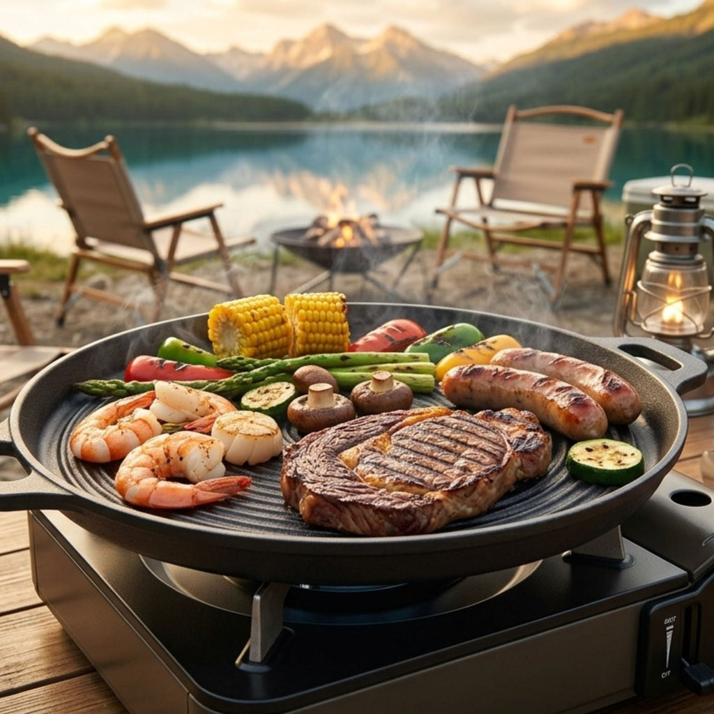 Wildtrak Pre-Seasoned Round Ribbed Cast Iron BBQ Plate with Handles 34cm - view 4