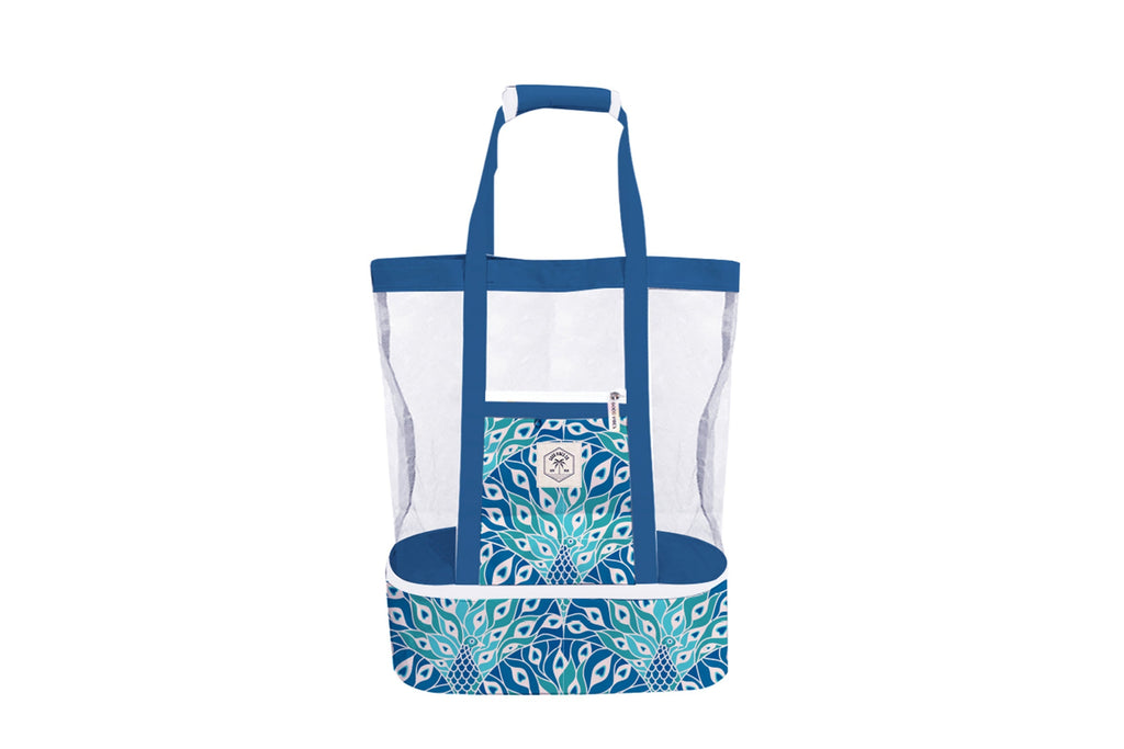 Peacock Paradise 2 in 1 Insulated Beach Cooler Bag, 2 Compartments, Mesh Top, Zipped Pocket