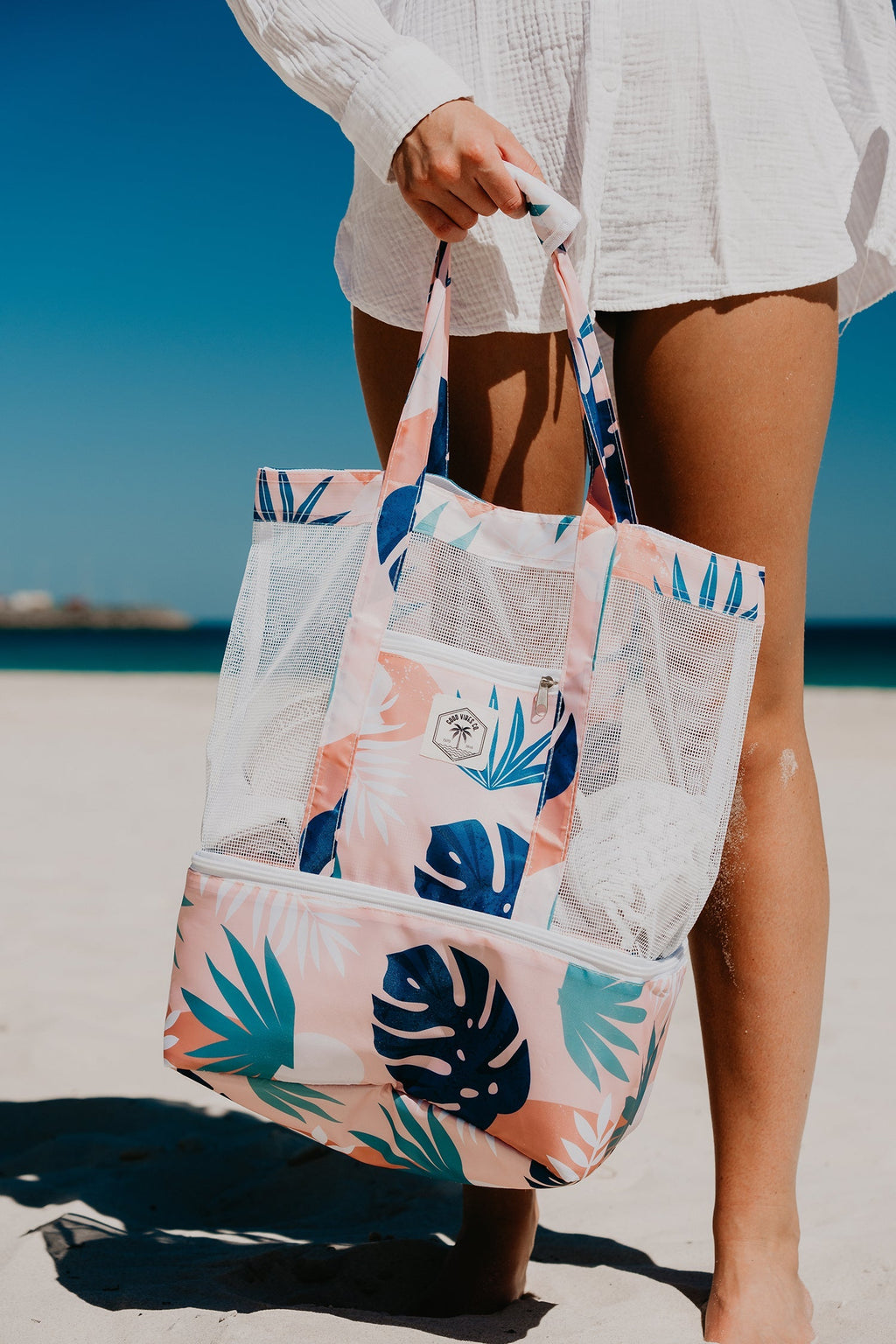 Blush Palm 2 in 1 Insulated Beach Cooler Bag, 2 Compartments, Mesh Top, Zipped Pocket - view 4
