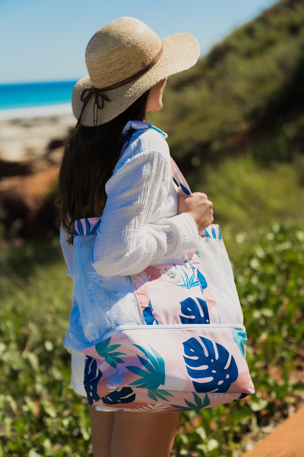 Blush Palm 2 in 1 Insulated Beach Cooler Bag, 2 Compartments, Mesh Top, Zipped Pocket - view 2