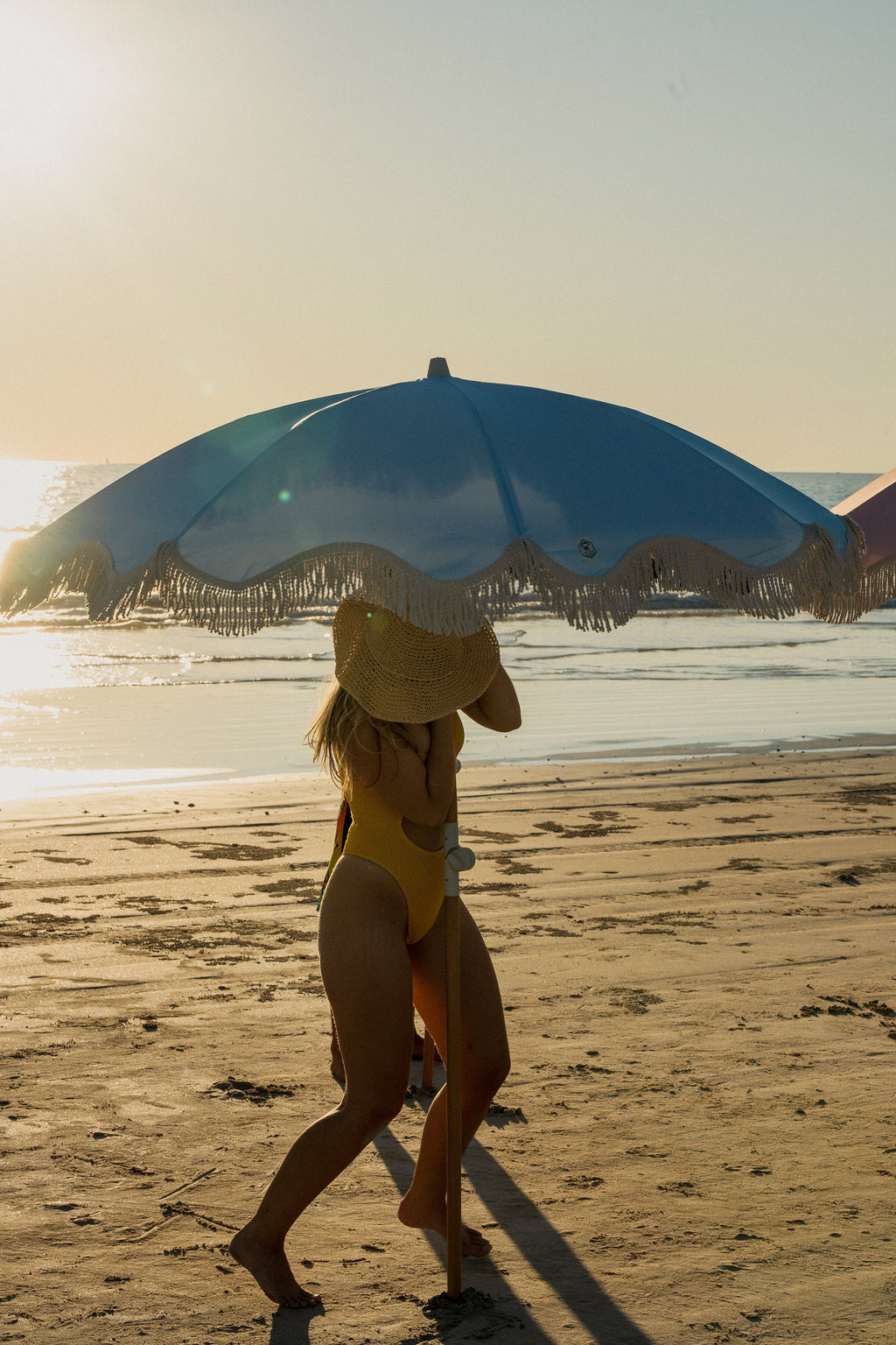 Bay Blue 1.75m Premium 100% Canvas Beach Umbrella, UV50+, Wood Pole, Cotton Tassels, Tilting Mechanism, Sand Screw - view 2