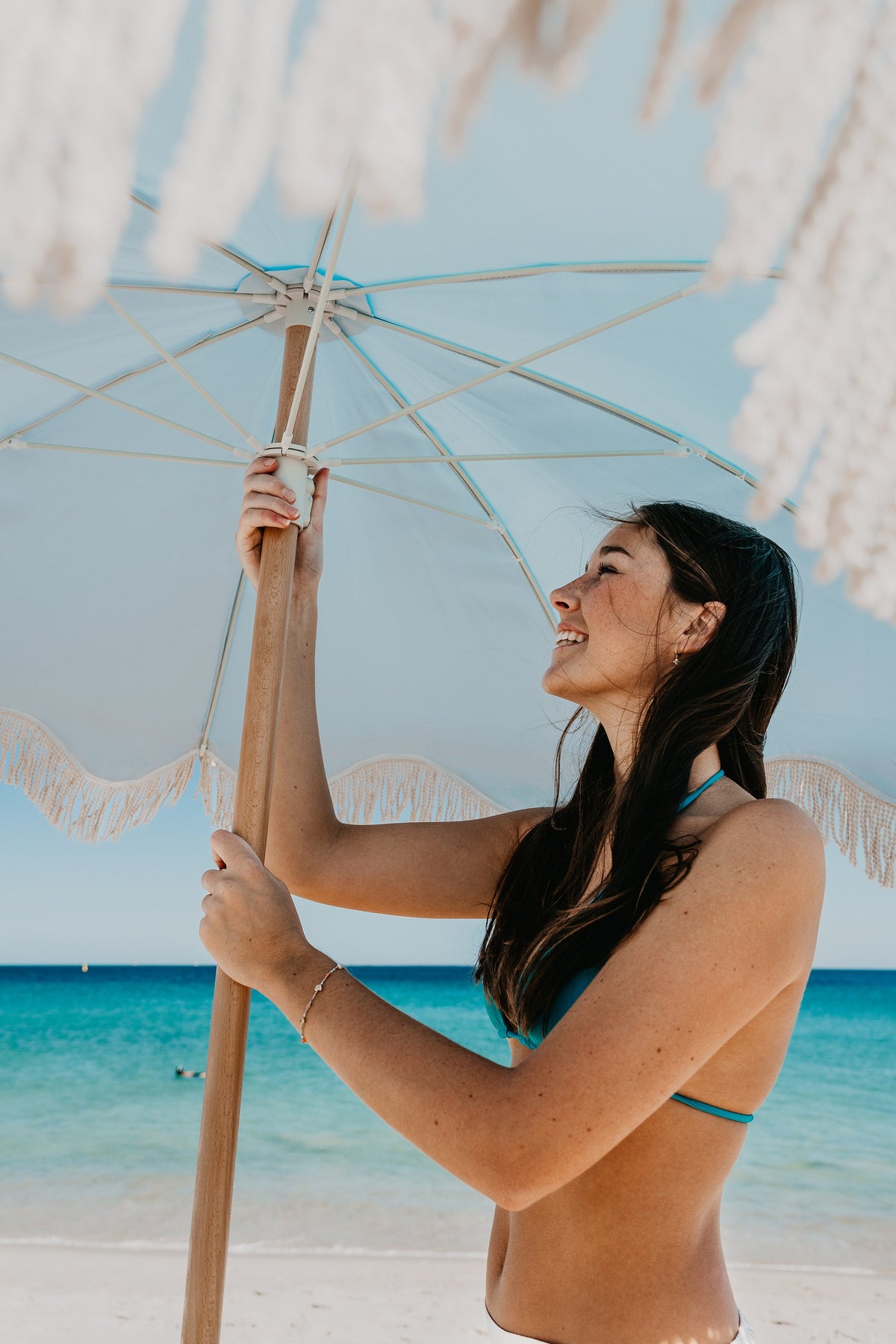 Peacock Paradise 1.75m Premium 100% Canvas Beach Umbrella, UV50+, Wood Pole, Cotton Tassels, Tilting Mechanism, Sand Screw -
