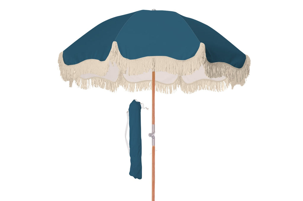 Peacock Paradise 1.75m Premium 100% Canvas Beach Umbrella, UV50+, Wood Pole, Cotton Tassels, Tilting Mechanism, Sand Screw -