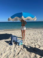 Peacock Paradise 1.75m Premium 100% Canvas Beach Umbrella, UV50+, Wood Pole, Cotton Tassels, Tilting Mechanism, Sand Screw -