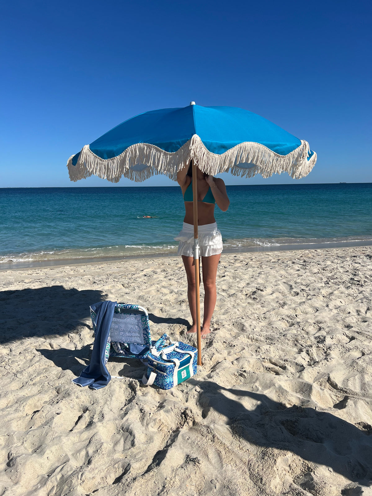 Peacock Paradise 1.75m Premium 100% Canvas Beach Umbrella, UV50+, Wood Pole, Cotton Tassels, Tilting Mechanism, Sand Screw -