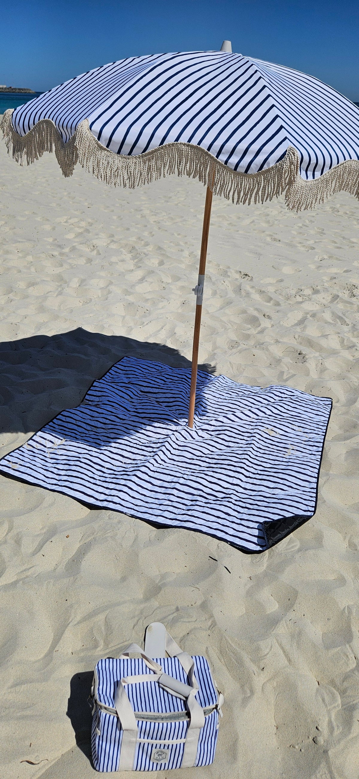 Mediterranean 1.75m Premium 100% Canvas Beach Umbrella, UV50+, Wood Pole, Cotton Tassels, Tilting Mechanism, Sand Screw - vie