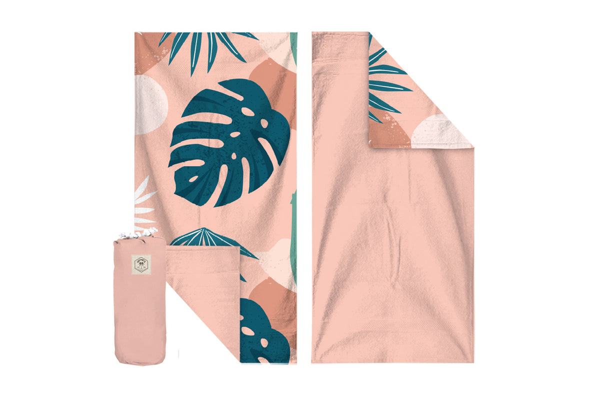 Blush Palm 160cm Premium Waffle Beach Towel with Storage Bag, Double Sided, Eco Friendly, Sand Free, Quick Dry, Ultra Absorbe