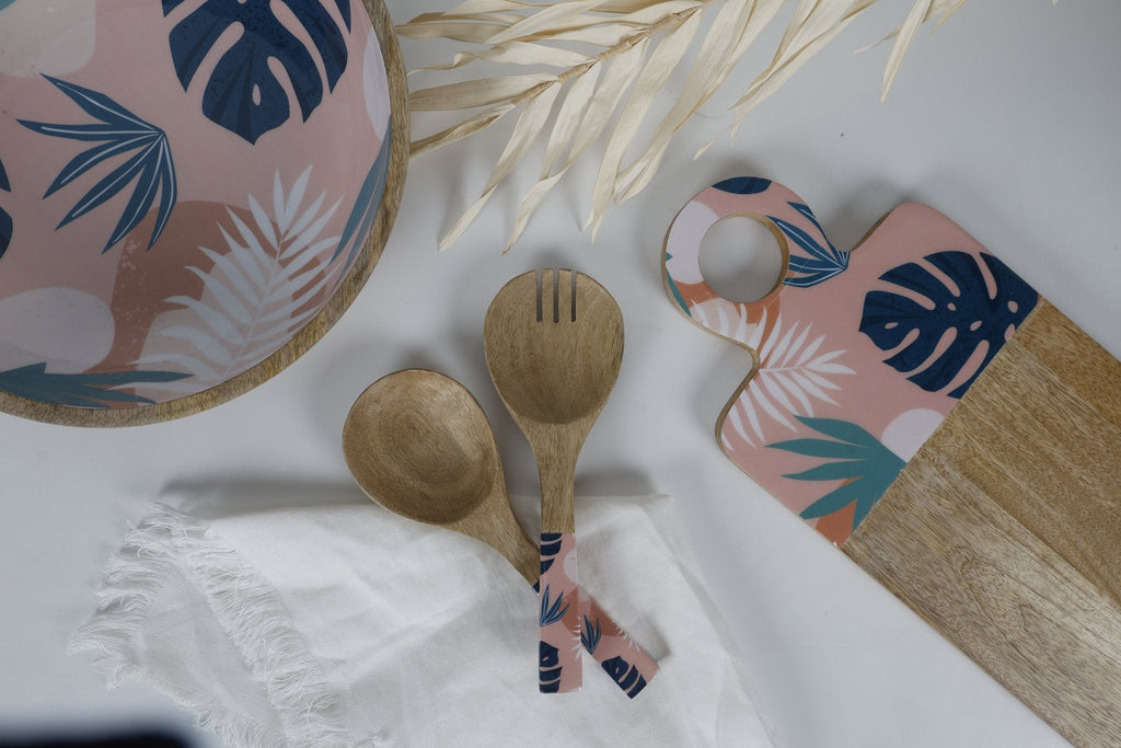 Blush Palm 2pc Mango Salad Servers 24cm - Wood & Enamel - view 2
