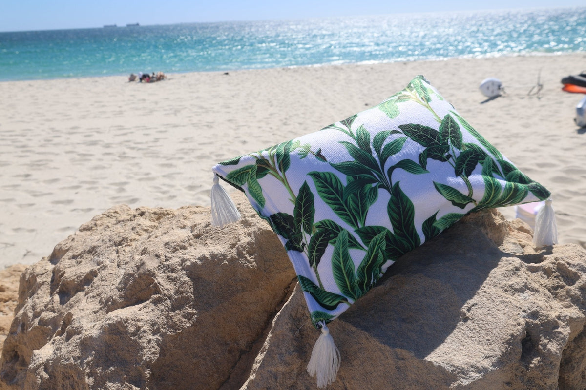 Botanical Inflatable Beach Pillow With Tassels, PVC Insert, Water Resistant - view 2
