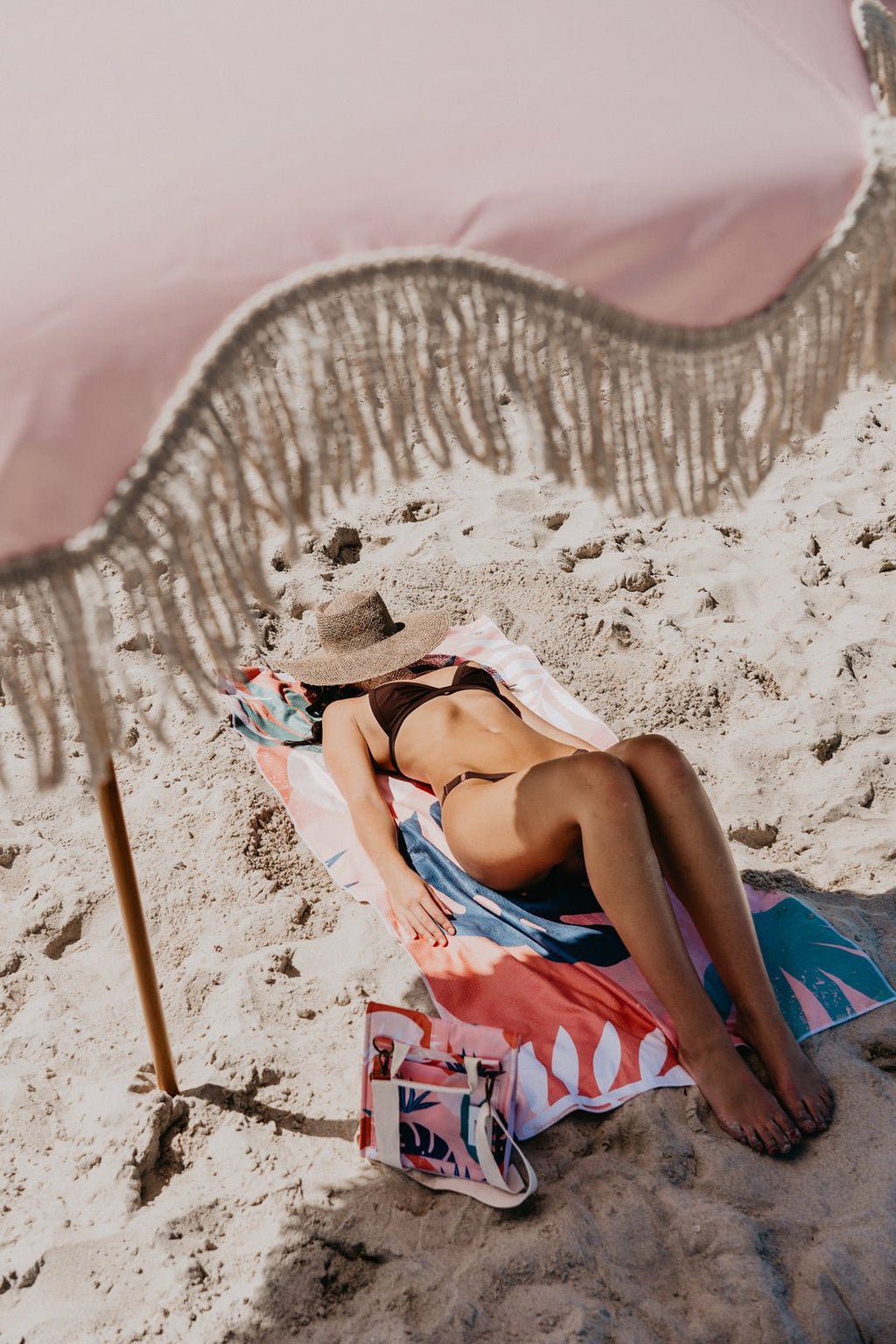 Blush Palm 160cm Premium Waffle Beach Towel with Storage Bag, Double Sided, Eco Friendly, Sand Free, Quick Dry, Ultra Absorbe