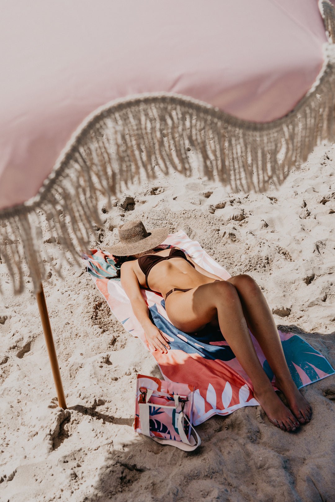 Blush Palm 160cm Premium Waffle Beach Towel with Storage Bag, Double Sided, Eco Friendly, Sand Free, Quick Dry, Ultra Absorbe