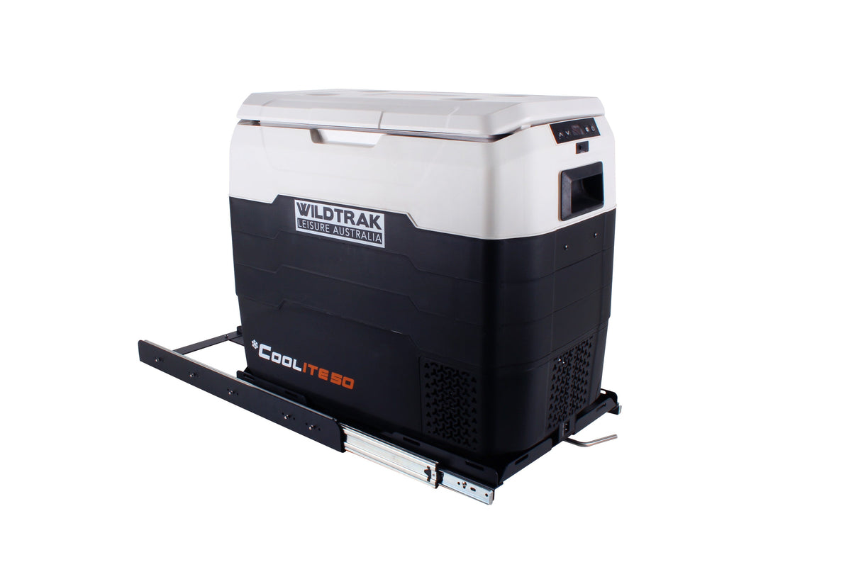 Car Fridge/Freezer Slide, Powder Coated, High Strength Bearing Drawer extends 100% from Base, 2 Straps included, Max Weight 1