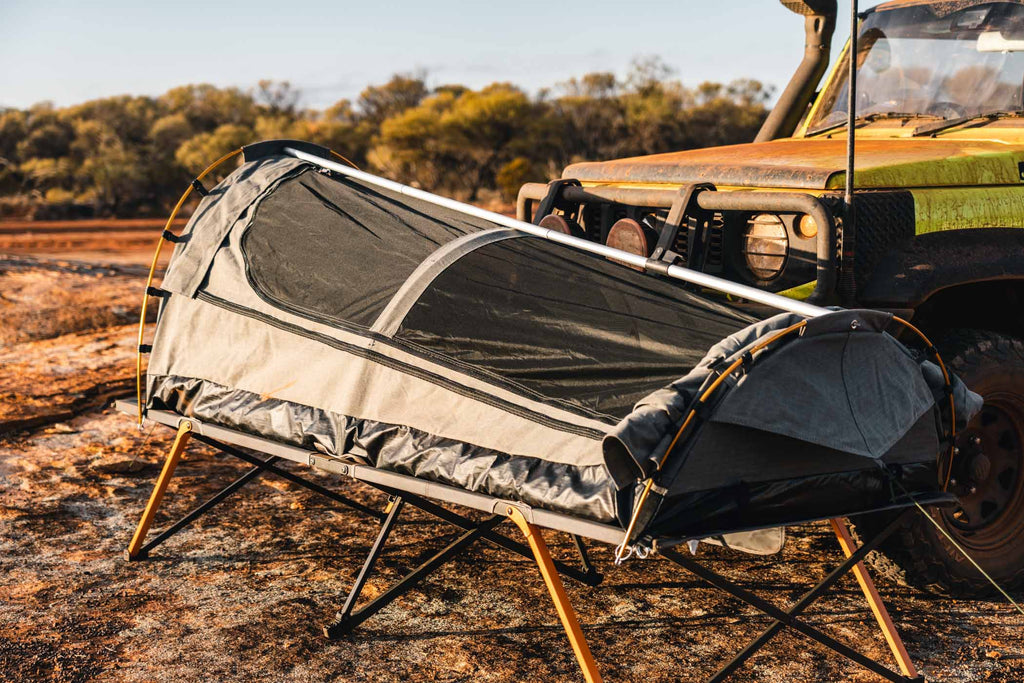 Wildtrak Leisure Australia swag tent ready for camping adventure in Australia.